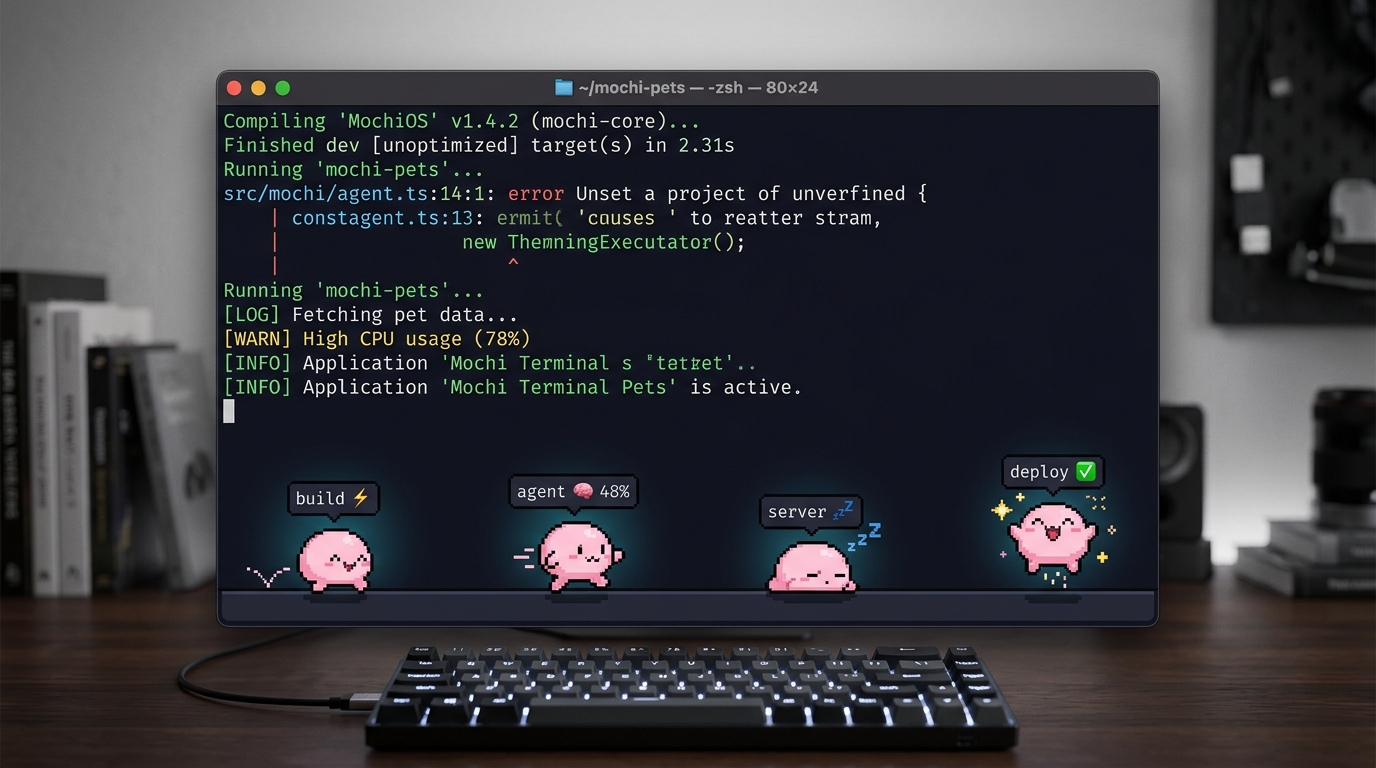 Mochi Terminal Pets running on a macOS terminal — build, agent, server, and deploy pets walking along the bottom