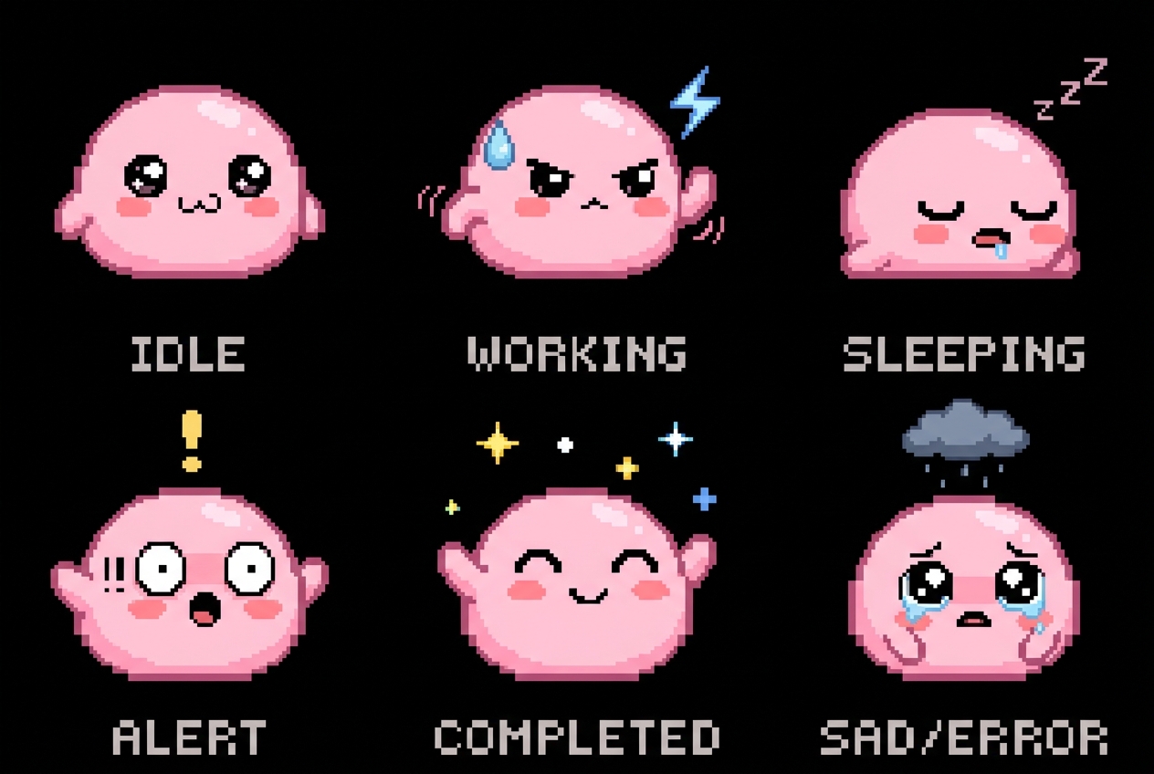 Mochi expressions: idle, working, sleeping, alert, completed, sad